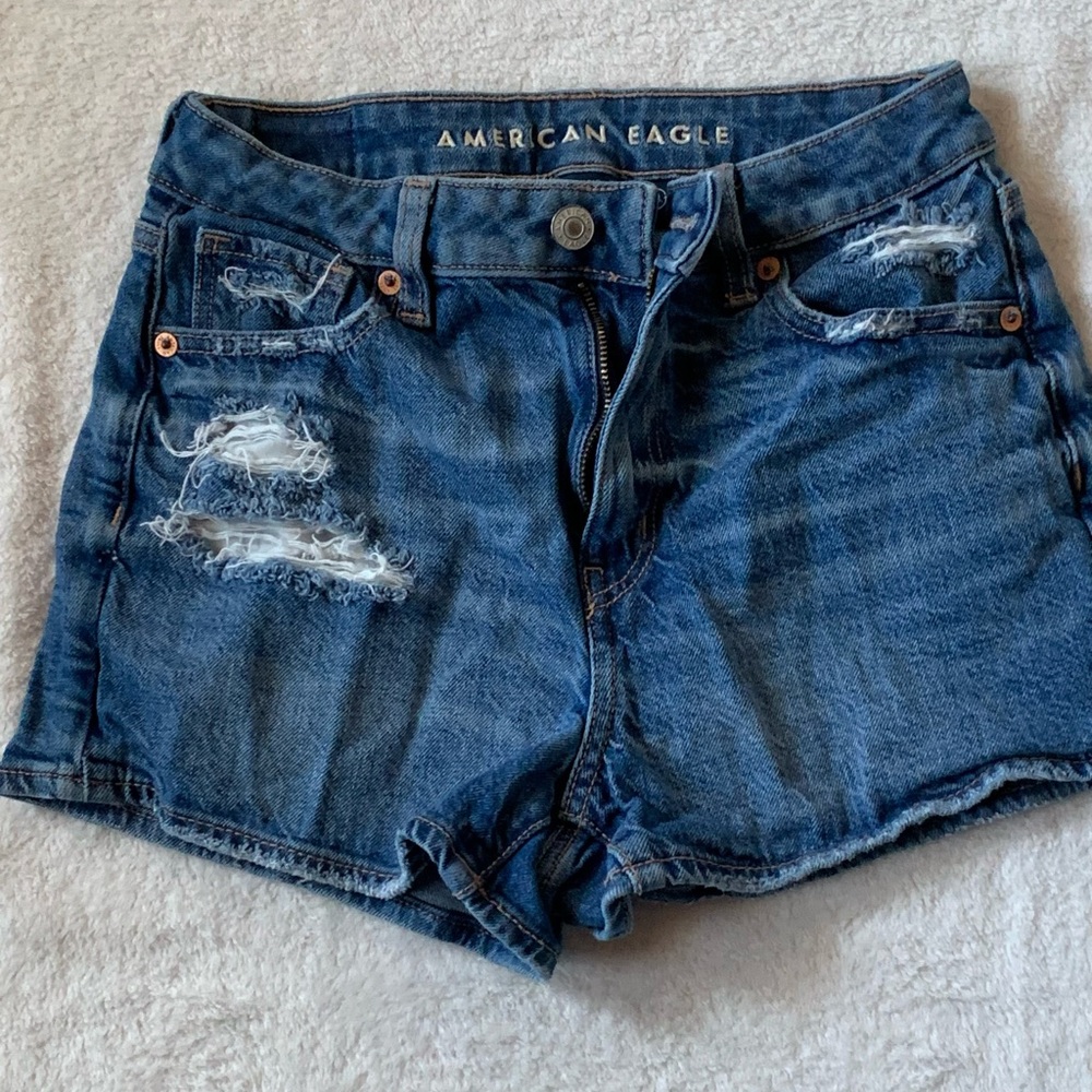 American Eagle Outfitters Dark Blue Distressed Denim Shorts 00 Mom Short